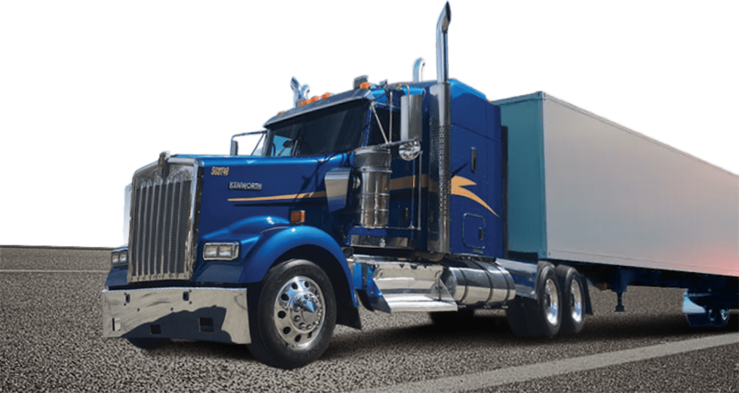 Front portion of a large blue tractor trailer truck