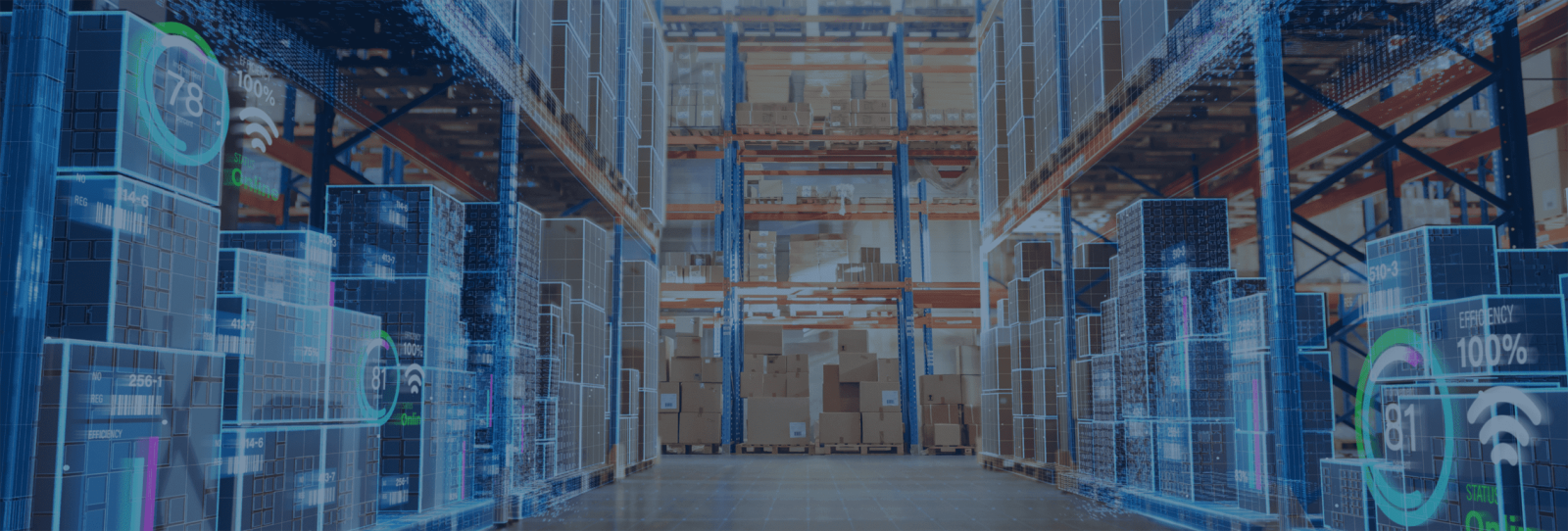 A warehouse with shelves full of boxes and a stylized blue overlay with faint digital readings and symbols overlaid
