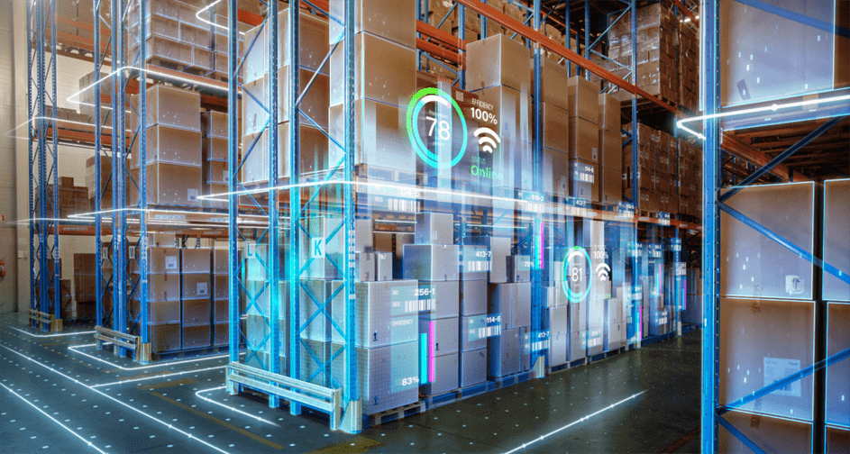 A warehouse with shelves full of boxes and a stylized blue overlay with faint digital readings and symbols overlaid