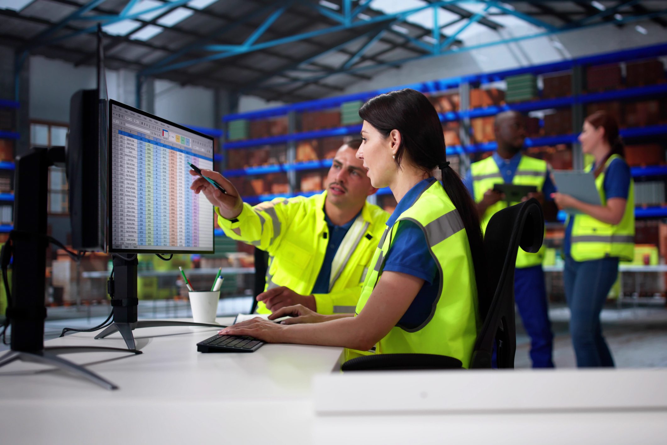 Logistics professionals monitoring shipping data and coordinating cross-border freight in a modern warehouse control centre.