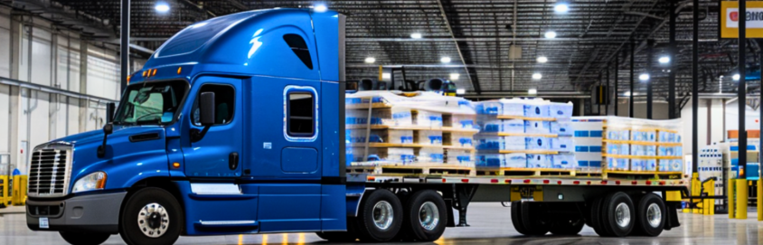 Blue semi-truck with Flatbed trailer loaded with pallets in a well-lit warehouse.