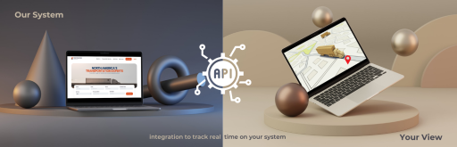 Integration system showcasing API for real-time tracking. Left side displays a laptop with 'North America's Transportation Experts' website, while the right side shows a laptop with a map and truck icon. Abstract geometric shapes in the background highlight the connection between systems