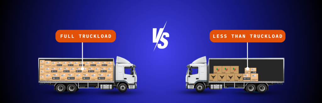 Comparison between Full Truckload (FTL) and Less Than Truckload (LTL) shipments with two trucks showing different cargo capacities