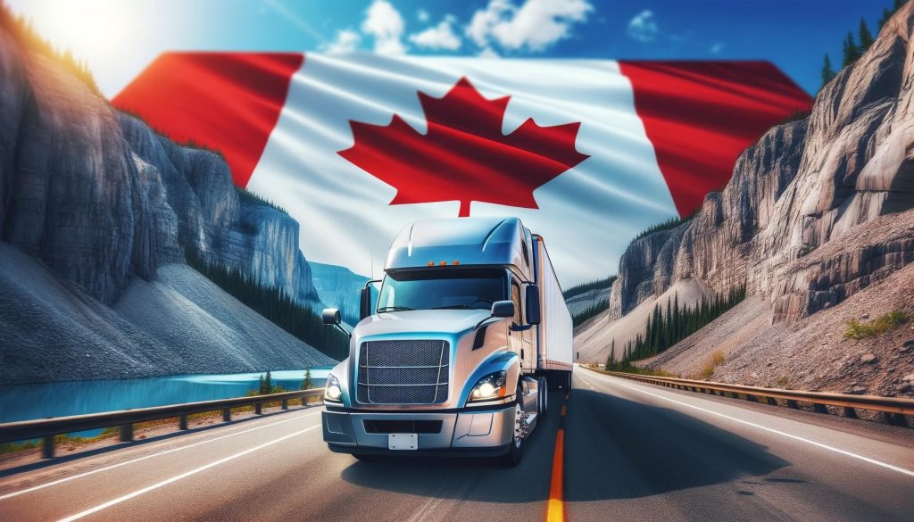 Semi-truck on a scenic Canadian highway with a large Canadian flag in the background