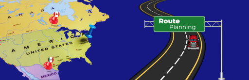 A map of North America with pushpins marking locations in Canada, the United States, and Mexico, alongside a winding road graphic with a sign reading "Route Planning" and a red semi-truck.