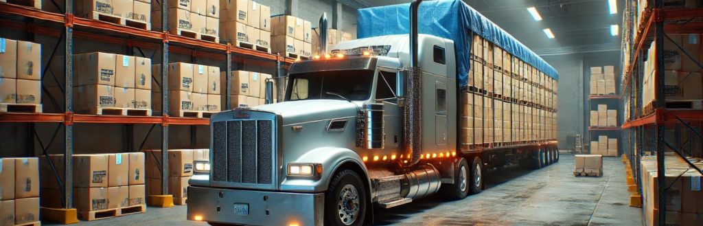 Semi-truck loaded with boxes in a warehouse, representing FTL shipping optimization