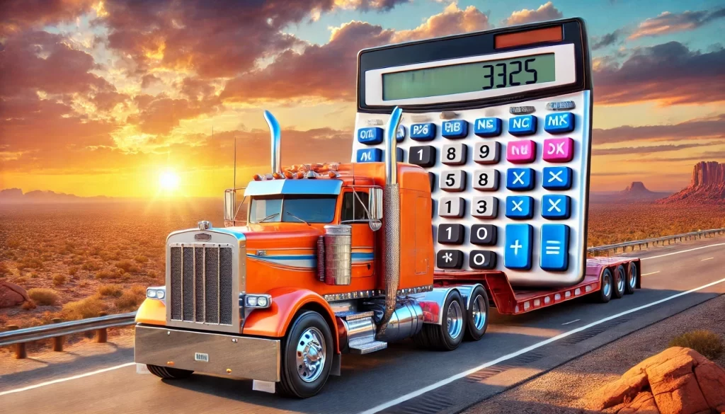 Orange semi-truck hauling an oversized calculator on a flatbed trailer at sunset