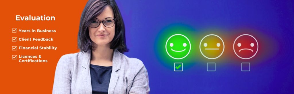 Professional businesswoman with glasses in evaluation concept for First Frontier Logistics, featuring checklist items like years in business and client feedback, with a background of colorful smiley face satisfaction rating scale.