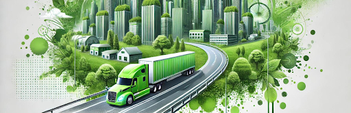 Eco-friendly logistics concept with a green semi-truck driving through a sustainable cityscape.