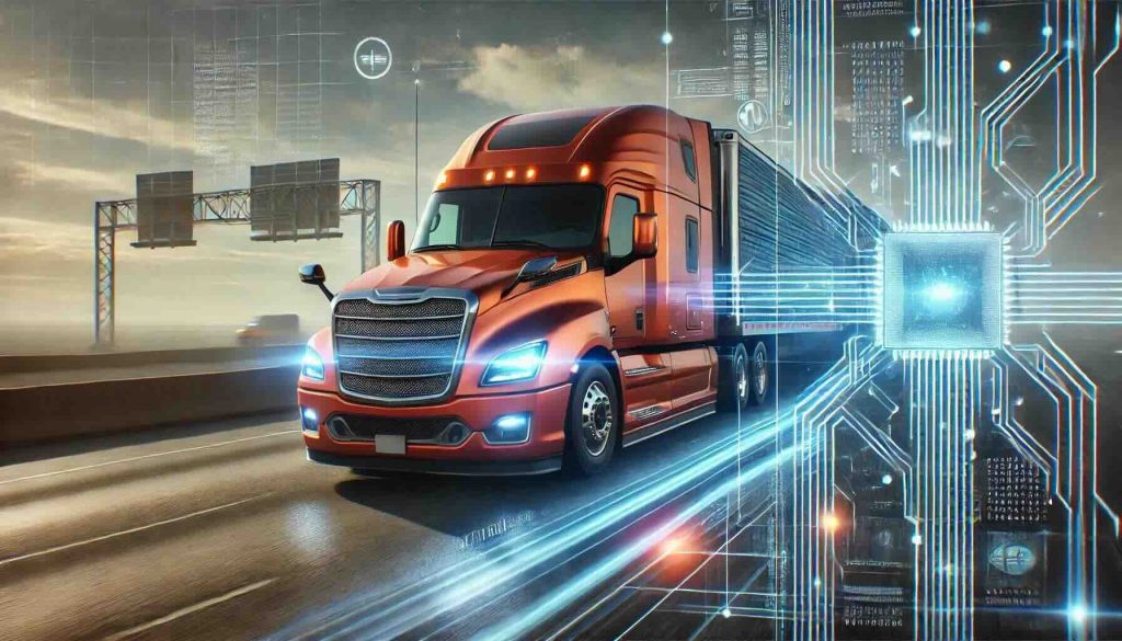 Futuristic semi-truck equipped with advanced technology driving on a highway with digital circuit and data overlay.