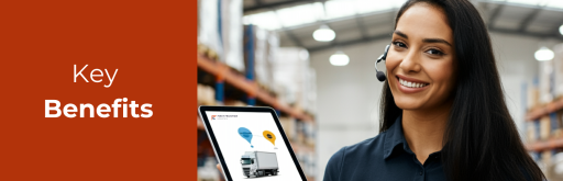 Customer service representative showcasing key benefits of First Frontier Logistics' freight solutions on a tablet in a warehouse.