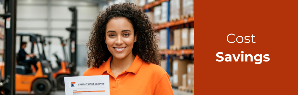 Smiling warehouse worker holding a freight cost savings report in a logistics warehouse with forklifts and shelves in the background.