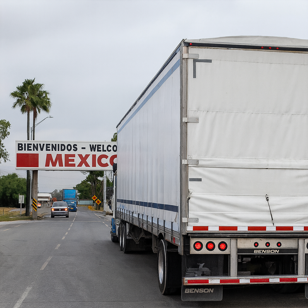 A white semi-truck with a covered trailer approaches the Mexico border crossing under a bilingual welcome sign for cross border freight transport.